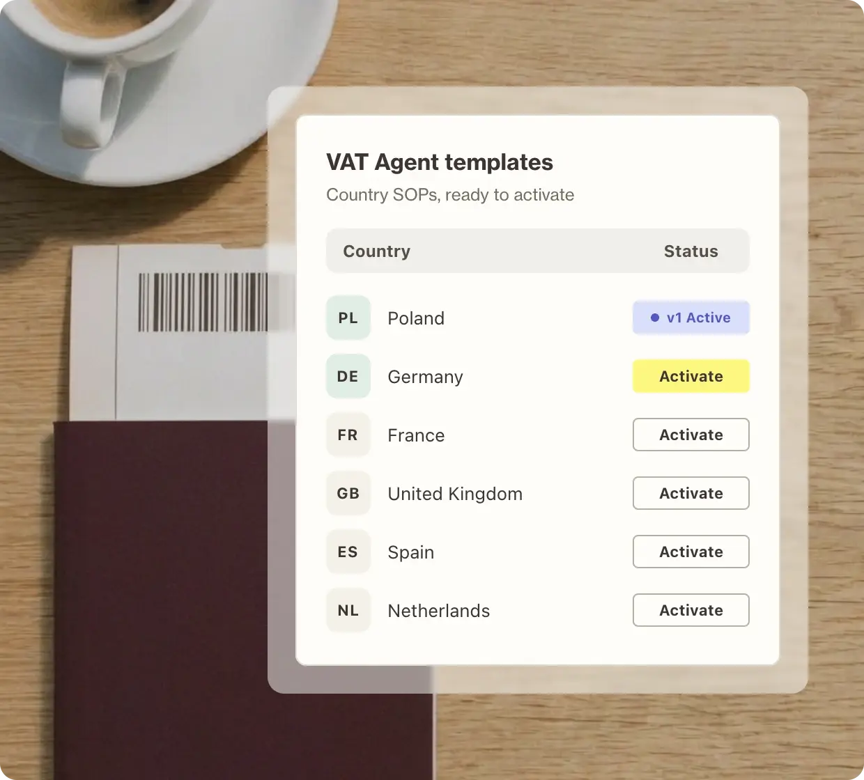 VAT Agent country templates ready to activate, with Poland live and Germany, France, the UK, Spain, and the Netherlands available