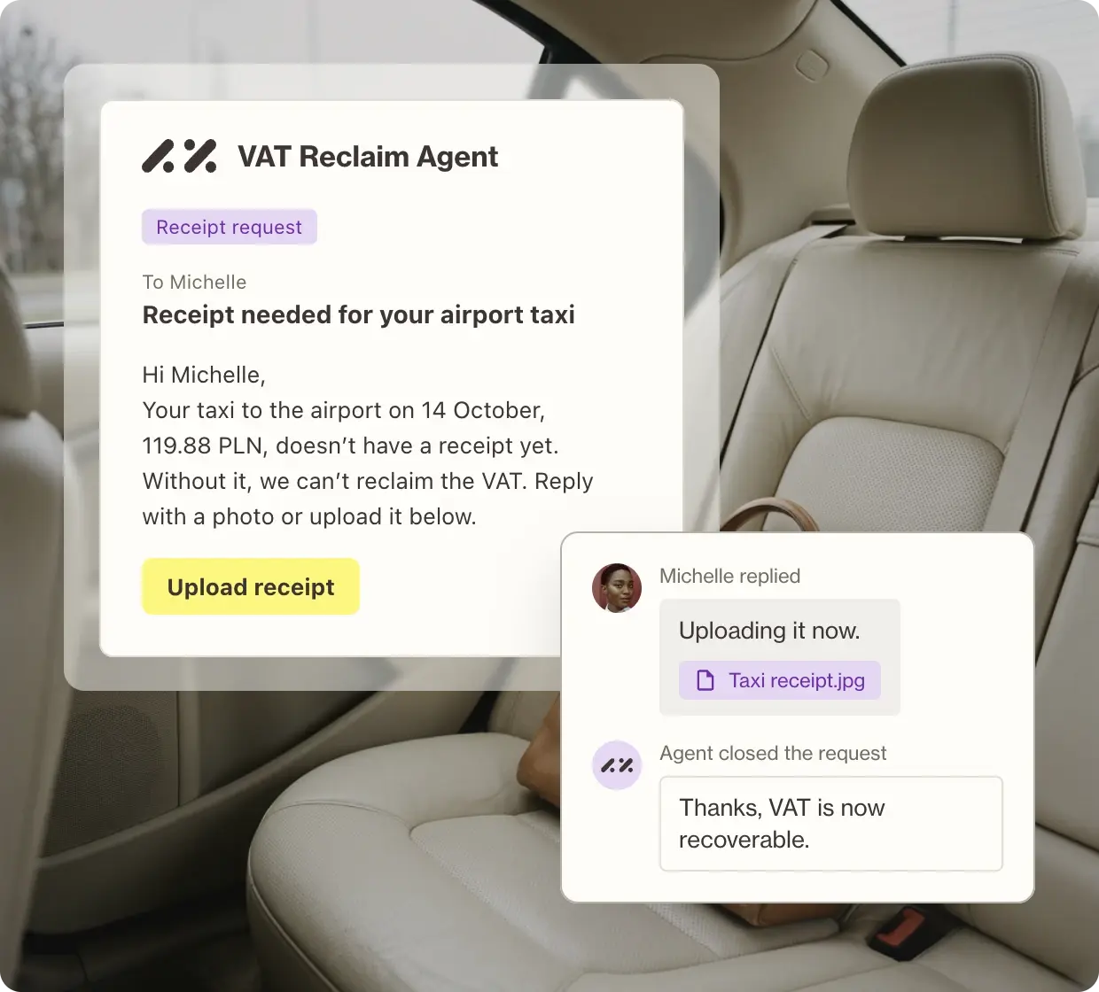 VAT Reclaim Agent emailing an employee for a missing airport taxi receipt and closing the request once she uploads it