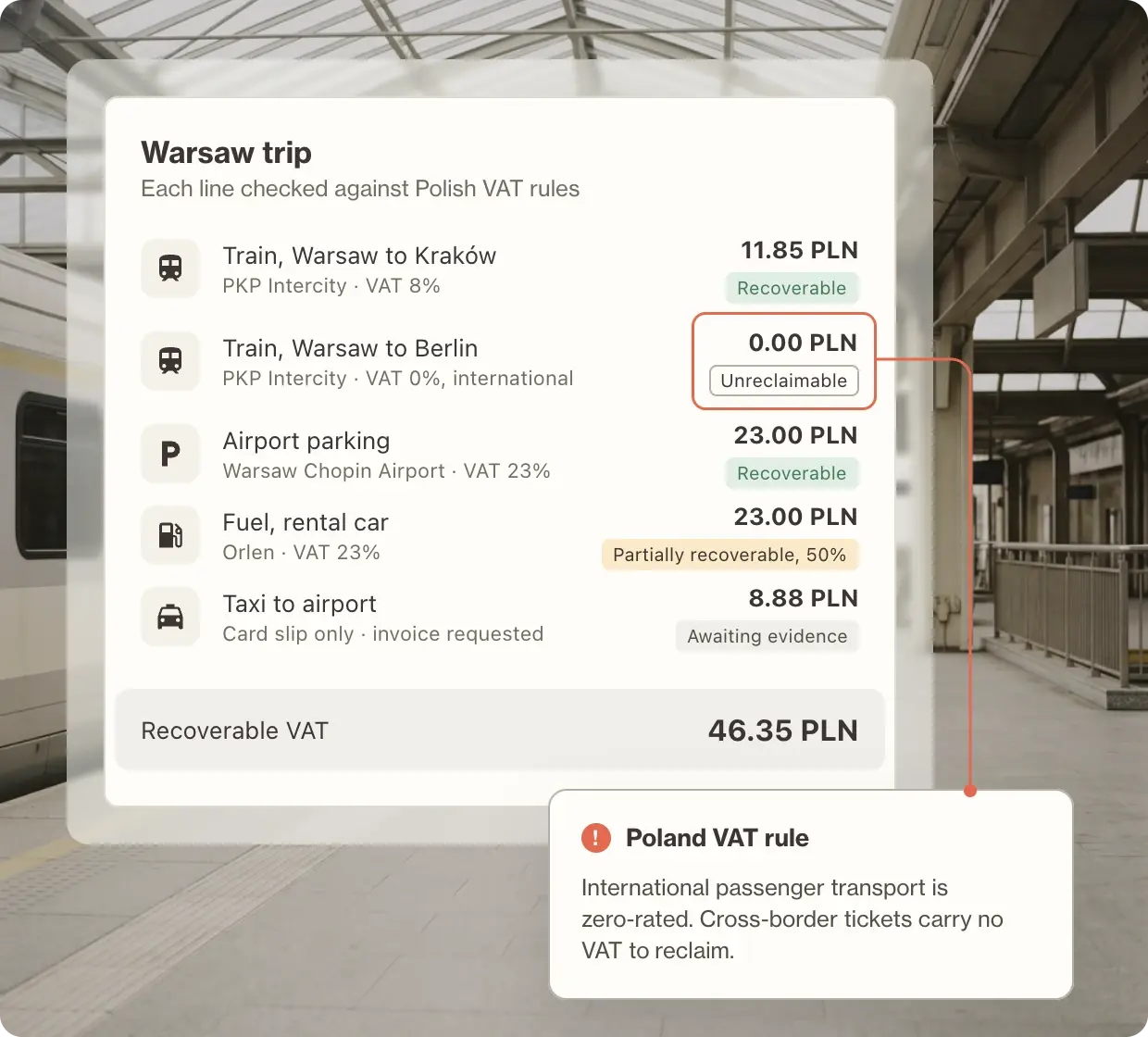 Warsaw trip with each line checked against Polish VAT rules, flagging the cross-border Warsaw to Berlin train as zero rated and unreclaimable