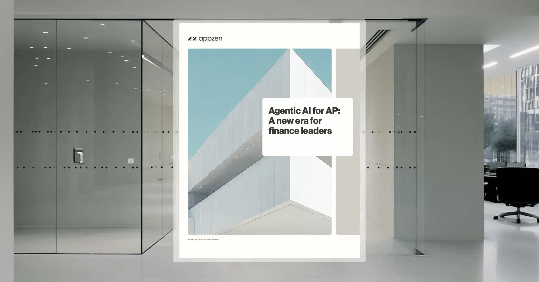 Agentic AI for AP: A new era for finance leaders white paper. Image of the cover page of the white paper with one corner of a white, modernistic concrete building, superimposed over a glass-fronted modern-looking office hallway and meeting space.