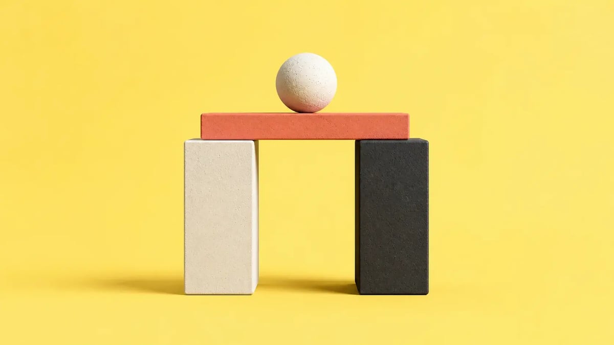 How to measure the ROI of AI agents for accounts payable using true touchless rates, cycle time, compliance, leakage prevention, and labor cost. Yellow background with a white sphere atop an archway made of brown, off-white, and coral-colored blocks.
