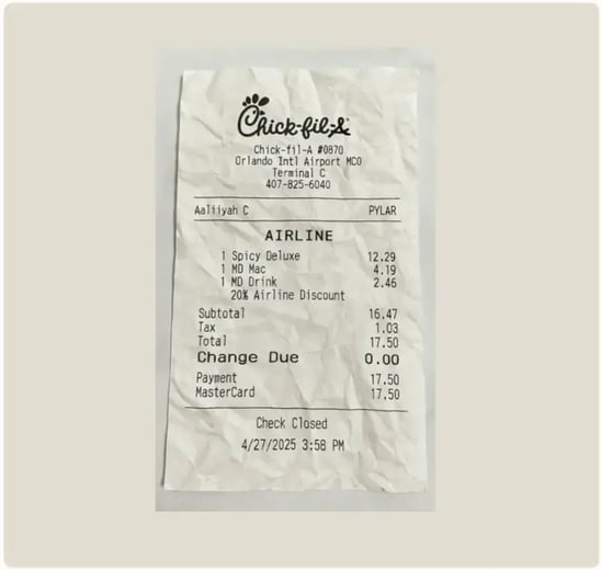 One example of a convincing-looking ai-generated restaurant receipt caught by AppZen's fraud pack models.