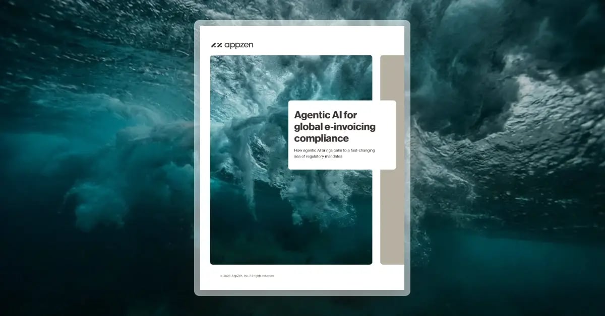 Navigate the storm of global e-invoicing compliance with this guide, and learn how AppZen’s agentic AI simplifies compliance. Image of the front cover of the guide, “Agentic AI for global e-invoicing compliance,” with an underwater photo of a crashing wave on and behind the cover.