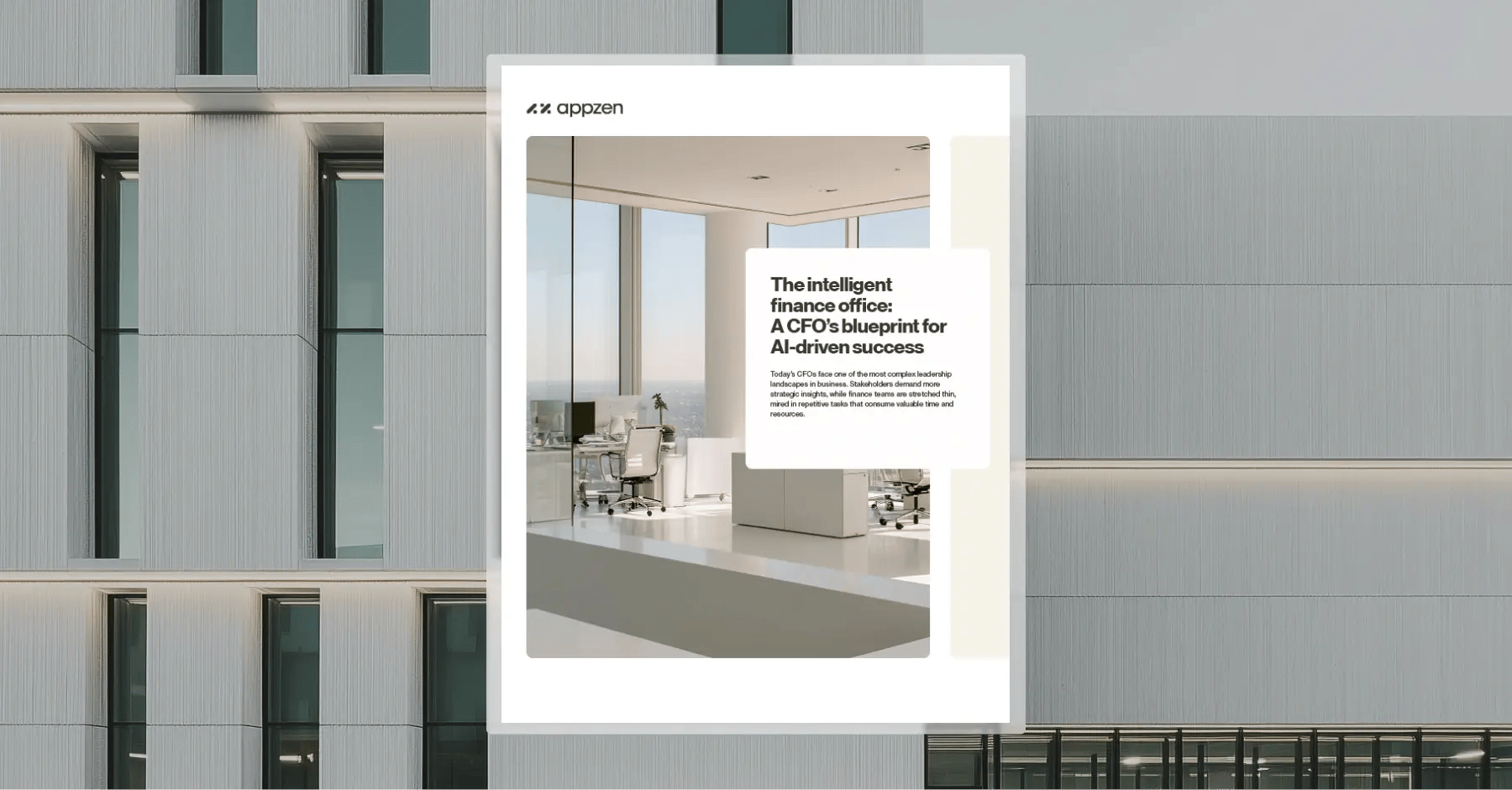 Best AI for finance: A CFO’s blueprint for intelligent success. Image of the front page of the white paper with an all white office background, overlaid on an image of the front face of a white office building.